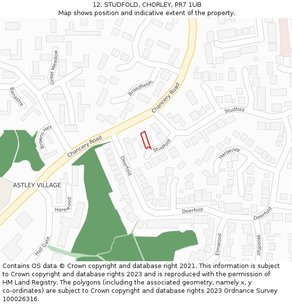 12, STUDFOLD, CHORLEY, PR7 1UB: Location map and indicative extent of plot