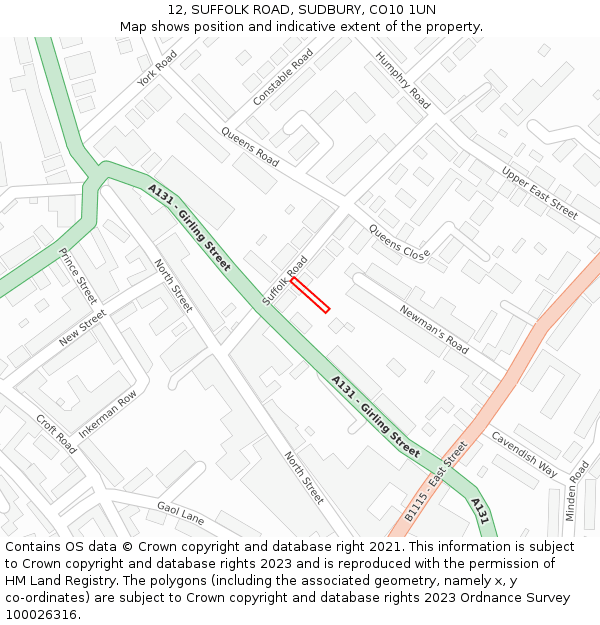 12, SUFFOLK ROAD, SUDBURY, CO10 1UN: Location map and indicative extent of plot