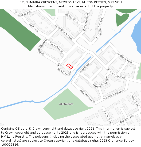 12, SUMATRA CRESCENT, NEWTON LEYS, MILTON KEYNES, MK3 5GH: Location map and indicative extent of plot