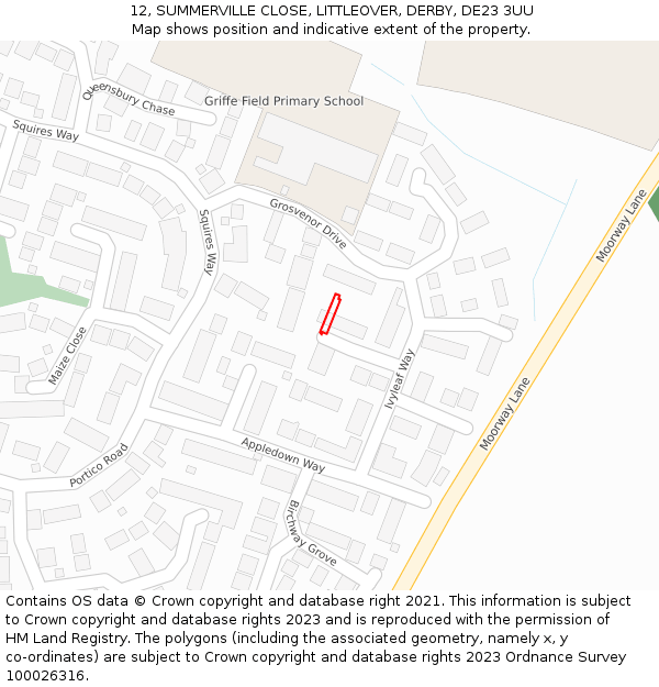 12, SUMMERVILLE CLOSE, LITTLEOVER, DERBY, DE23 3UU: Location map and indicative extent of plot