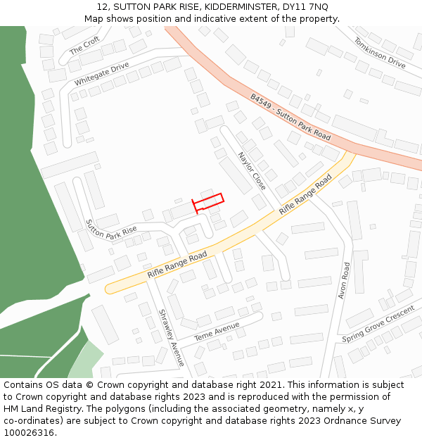 12, SUTTON PARK RISE, KIDDERMINSTER, DY11 7NQ: Location map and indicative extent of plot