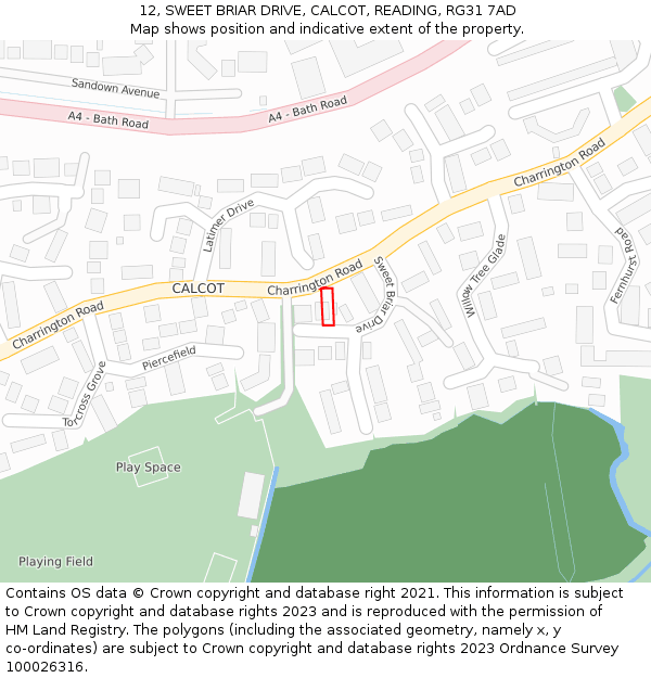 12, SWEET BRIAR DRIVE, CALCOT, READING, RG31 7AD: Location map and indicative extent of plot