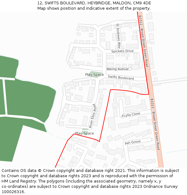 12, SWIFTS BOULEVARD, HEYBRIDGE, MALDON, CM9 4DE: Location map and indicative extent of plot