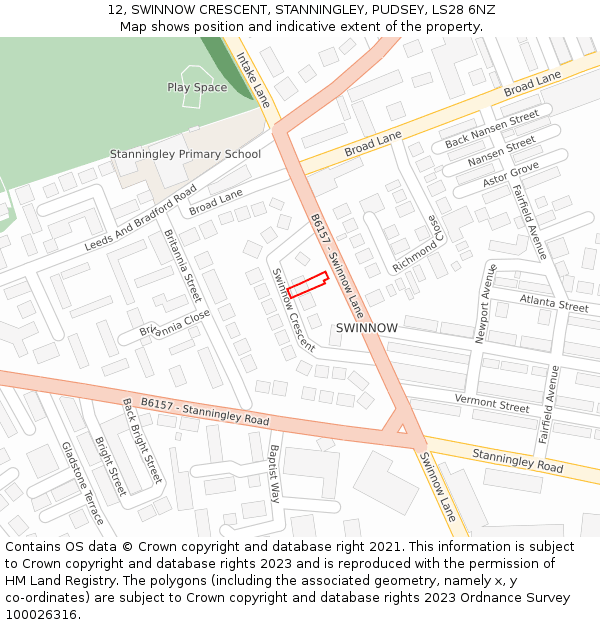 12, SWINNOW CRESCENT, STANNINGLEY, PUDSEY, LS28 6NZ: Location map and indicative extent of plot