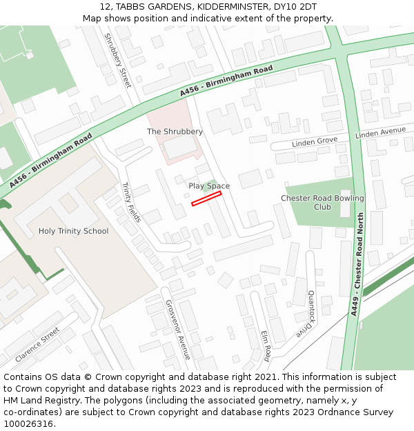12, TABBS GARDENS, KIDDERMINSTER, DY10 2DT: Location map and indicative extent of plot