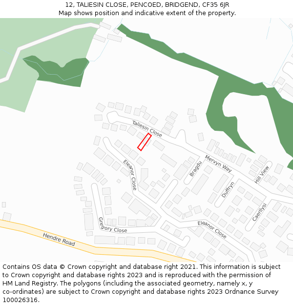12, TALIESIN CLOSE, PENCOED, BRIDGEND, CF35 6JR: Location map and indicative extent of plot