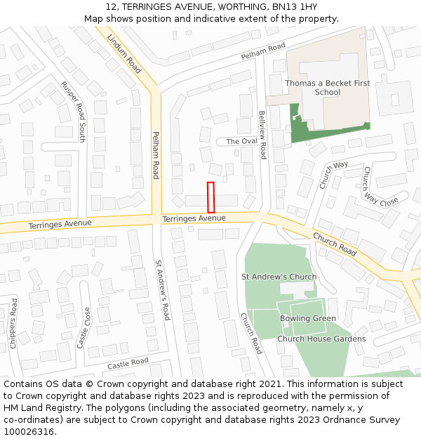 12, TERRINGES AVENUE, WORTHING, BN13 1HY: Location map and indicative extent of plot