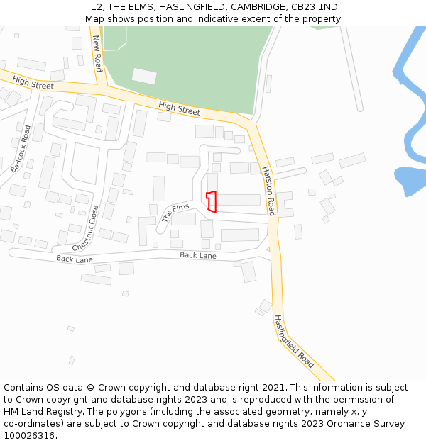 12, THE ELMS, HASLINGFIELD, CAMBRIDGE, CB23 1ND: Location map and indicative extent of plot