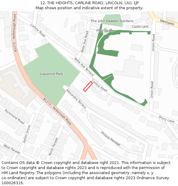 12, THE HEIGHTS, CARLINE ROAD, LINCOLN, LN1 1JP: Location map and indicative extent of plot