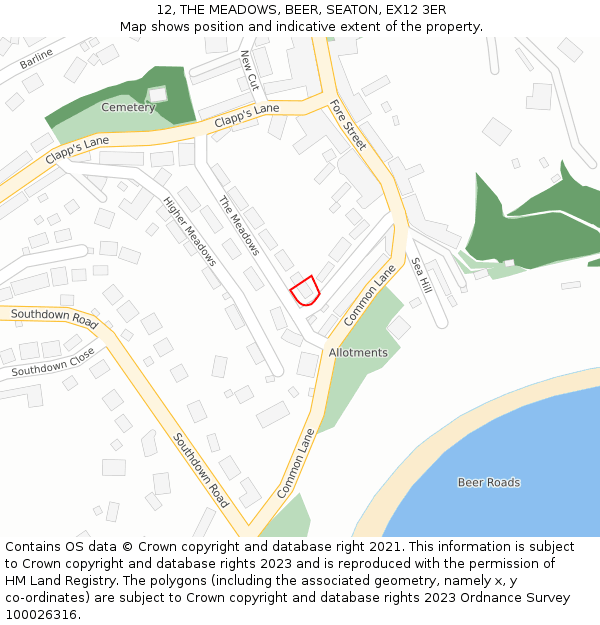 12, THE MEADOWS, BEER, SEATON, EX12 3ER: Location map and indicative extent of plot