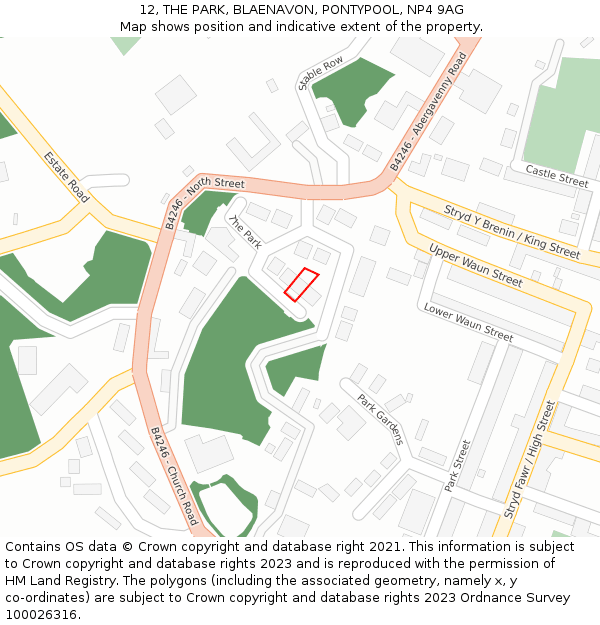 12, THE PARK, BLAENAVON, PONTYPOOL, NP4 9AG: Location map and indicative extent of plot