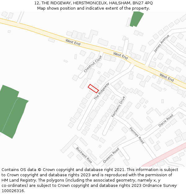 12, THE RIDGEWAY, HERSTMONCEUX, HAILSHAM, BN27 4PQ: Location map and indicative extent of plot