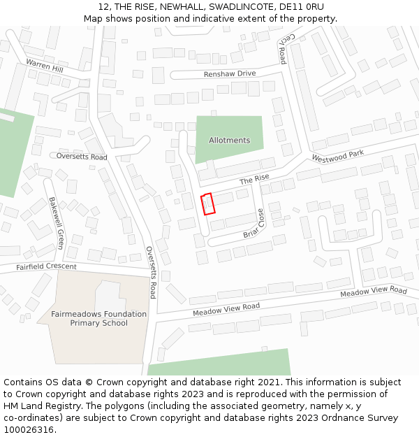 12, THE RISE, NEWHALL, SWADLINCOTE, DE11 0RU: Location map and indicative extent of plot