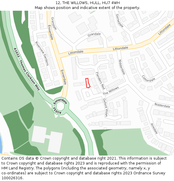 12, THE WILLOWS, HULL, HU7 4WH: Location map and indicative extent of plot