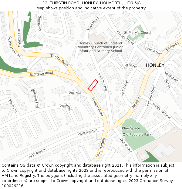 12, THIRSTIN ROAD, HONLEY, HOLMFIRTH, HD9 6JG: Location map and indicative extent of plot