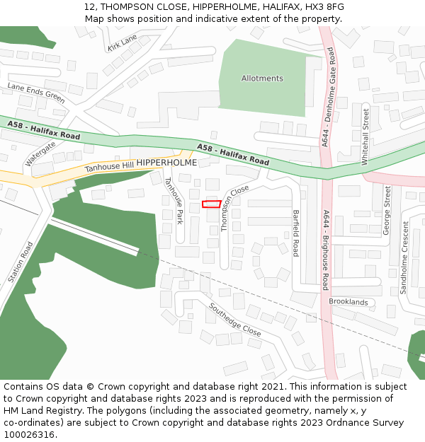12, THOMPSON CLOSE, HIPPERHOLME, HALIFAX, HX3 8FG: Location map and indicative extent of plot