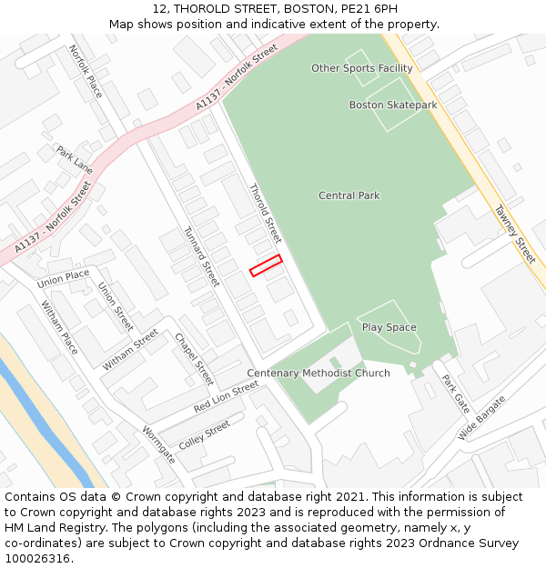 12, THOROLD STREET, BOSTON, PE21 6PH: Location map and indicative extent of plot
