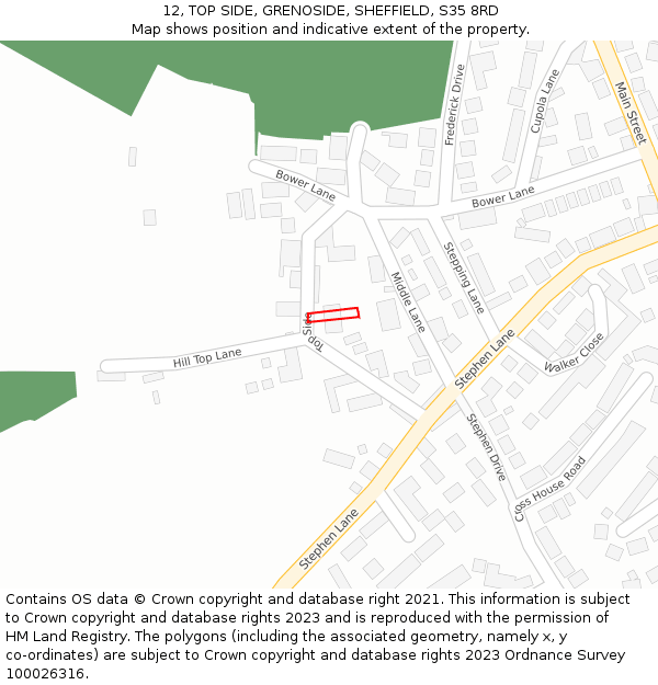 12, TOP SIDE, GRENOSIDE, SHEFFIELD, S35 8RD: Location map and indicative extent of plot
