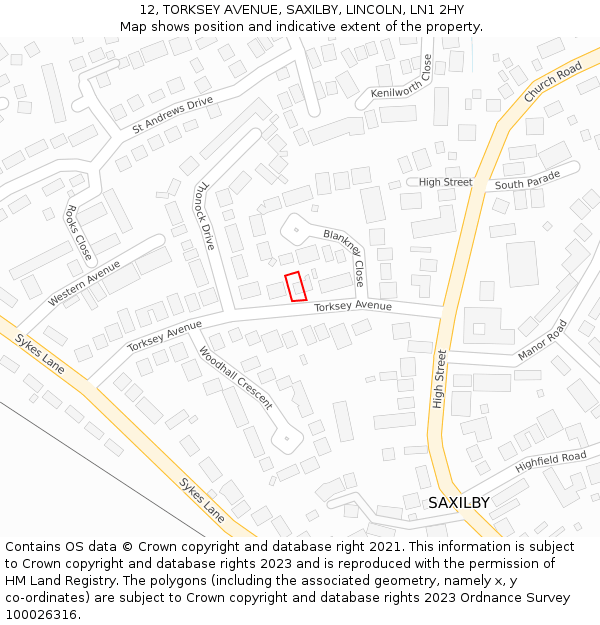12, TORKSEY AVENUE, SAXILBY, LINCOLN, LN1 2HY: Location map and indicative extent of plot