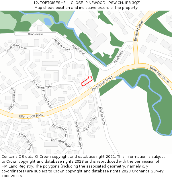 12, TORTOISESHELL CLOSE, PINEWOOD, IPSWICH, IP8 3QZ: Location map and indicative extent of plot