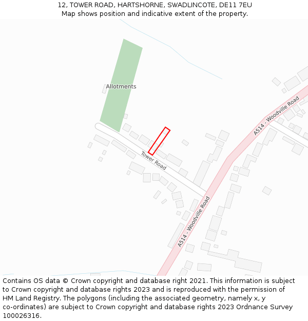12, TOWER ROAD, HARTSHORNE, SWADLINCOTE, DE11 7EU: Location map and indicative extent of plot