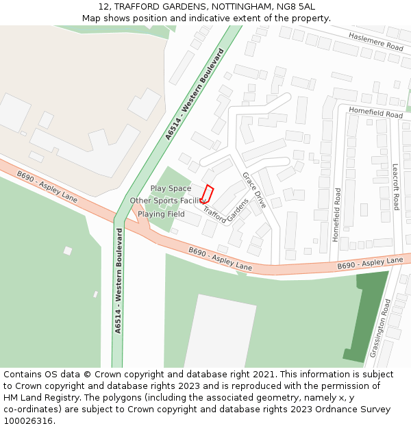 12, TRAFFORD GARDENS, NOTTINGHAM, NG8 5AL: Location map and indicative extent of plot