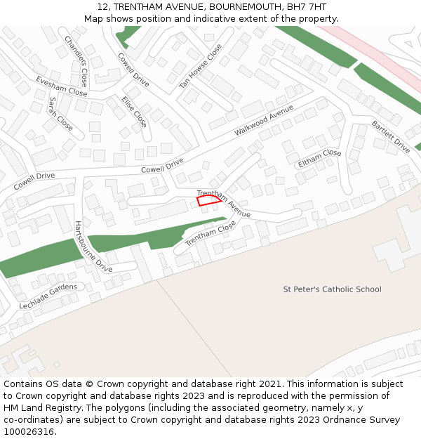12, TRENTHAM AVENUE, BOURNEMOUTH, BH7 7HT: Location map and indicative extent of plot