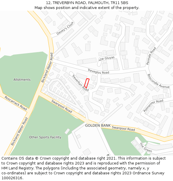 12, TREVERBYN ROAD, FALMOUTH, TR11 5BS: Location map and indicative extent of plot