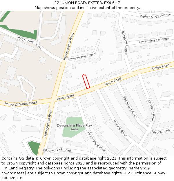 12, UNION ROAD, EXETER, EX4 6HZ: Location map and indicative extent of plot