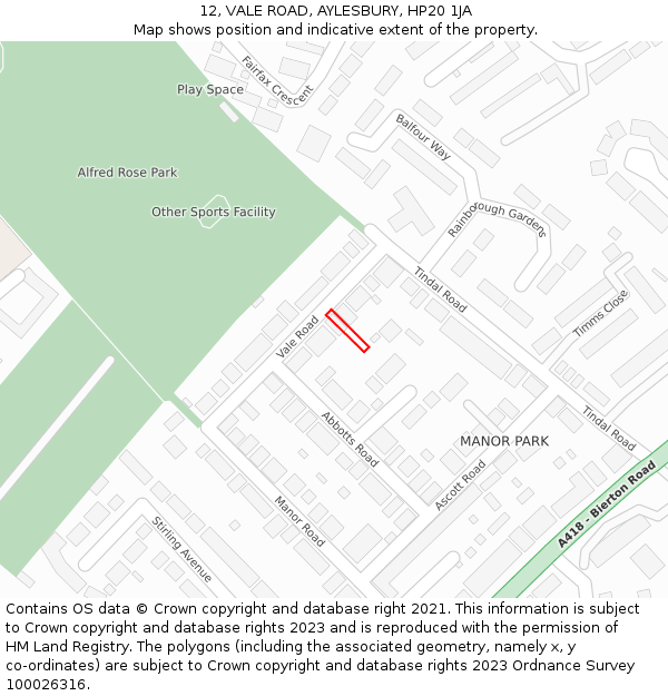 12, VALE ROAD, AYLESBURY, HP20 1JA: Location map and indicative extent of plot