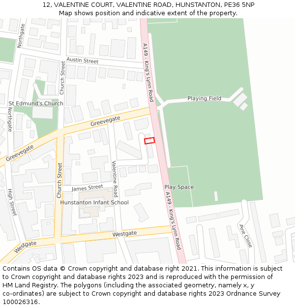 12, VALENTINE COURT, VALENTINE ROAD, HUNSTANTON, PE36 5NP: Location map and indicative extent of plot