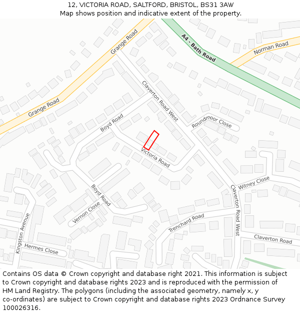 12, VICTORIA ROAD, SALTFORD, BRISTOL, BS31 3AW: Location map and indicative extent of plot