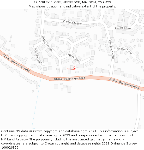 12, VIRLEY CLOSE, HEYBRIDGE, MALDON, CM9 4YS: Location map and indicative extent of plot