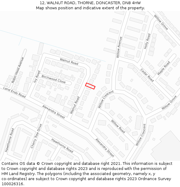 12, WALNUT ROAD, THORNE, DONCASTER, DN8 4HW: Location map and indicative extent of plot