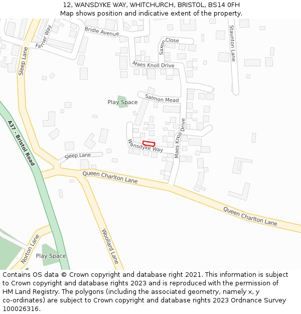 12, WANSDYKE WAY, WHITCHURCH, BRISTOL, BS14 0FH: Location map and indicative extent of plot