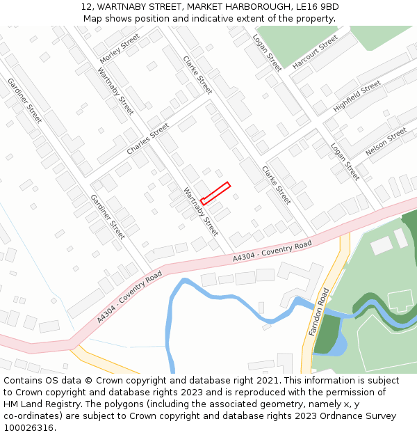 12, WARTNABY STREET, MARKET HARBOROUGH, LE16 9BD: Location map and indicative extent of plot