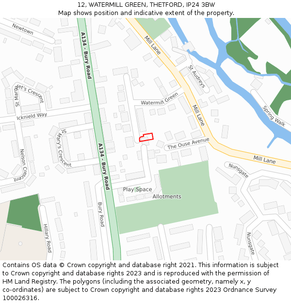 12, WATERMILL GREEN, THETFORD, IP24 3BW: Location map and indicative extent of plot