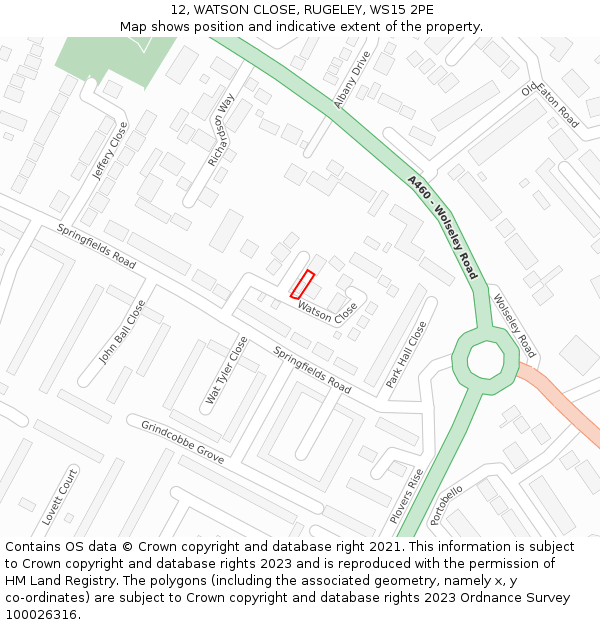 12, WATSON CLOSE, RUGELEY, WS15 2PE: Location map and indicative extent of plot