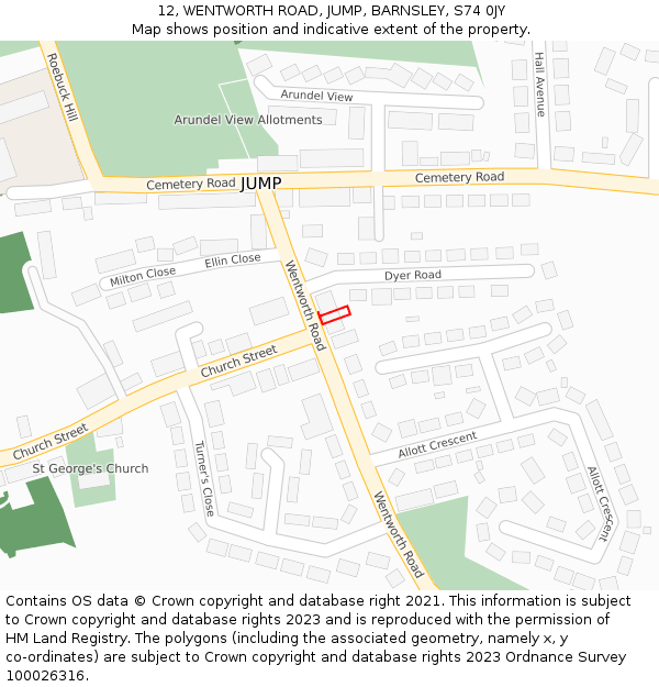 12, WENTWORTH ROAD, JUMP, BARNSLEY, S74 0JY: Location map and indicative extent of plot