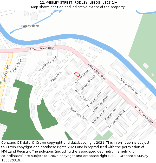 12, WESLEY STREET, RODLEY, LEEDS, LS13 1JH: Location map and indicative extent of plot