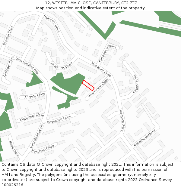12, WESTERHAM CLOSE, CANTERBURY, CT2 7TZ: Location map and indicative extent of plot