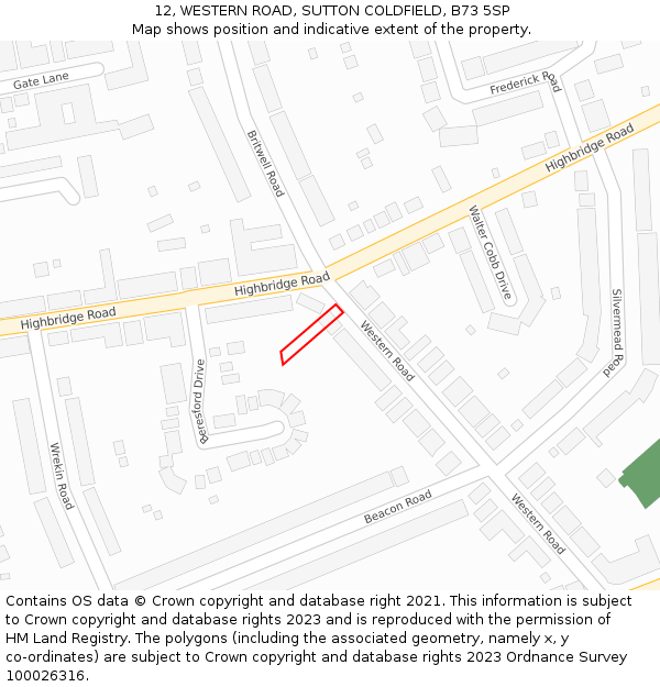 12, WESTERN ROAD, SUTTON COLDFIELD, B73 5SP: Location map and indicative extent of plot