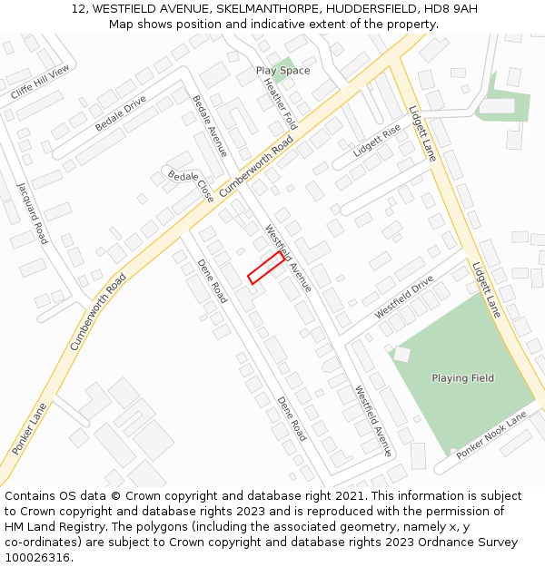 12, WESTFIELD AVENUE, SKELMANTHORPE, HUDDERSFIELD, HD8 9AH: Location map and indicative extent of plot