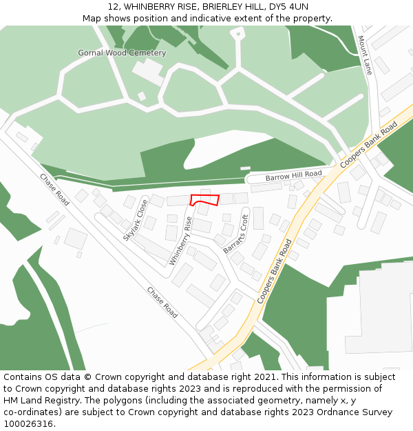 12, WHINBERRY RISE, BRIERLEY HILL, DY5 4UN: Location map and indicative extent of plot