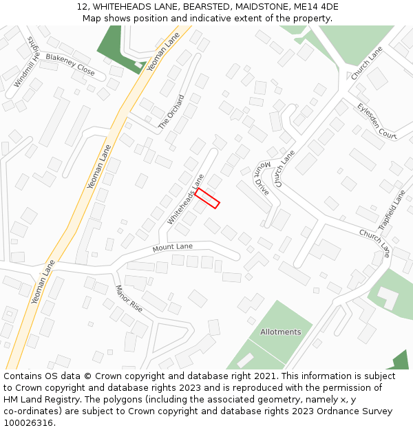 12, WHITEHEADS LANE, BEARSTED, MAIDSTONE, ME14 4DE: Location map and indicative extent of plot