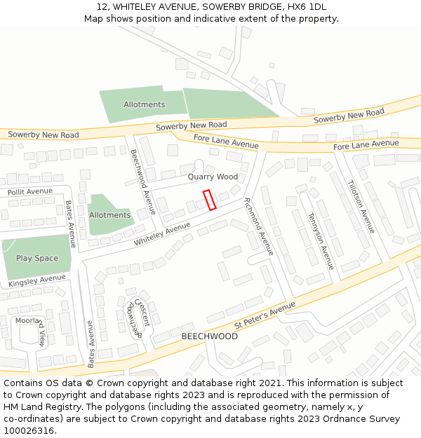 12, WHITELEY AVENUE, SOWERBY BRIDGE, HX6 1DL: Location map and indicative extent of plot