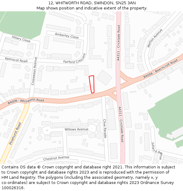 12, WHITWORTH ROAD, SWINDON, SN25 3AN: Location map and indicative extent of plot