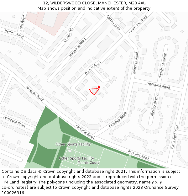 12, WILDERSWOOD CLOSE, MANCHESTER, M20 4XU: Location map and indicative extent of plot