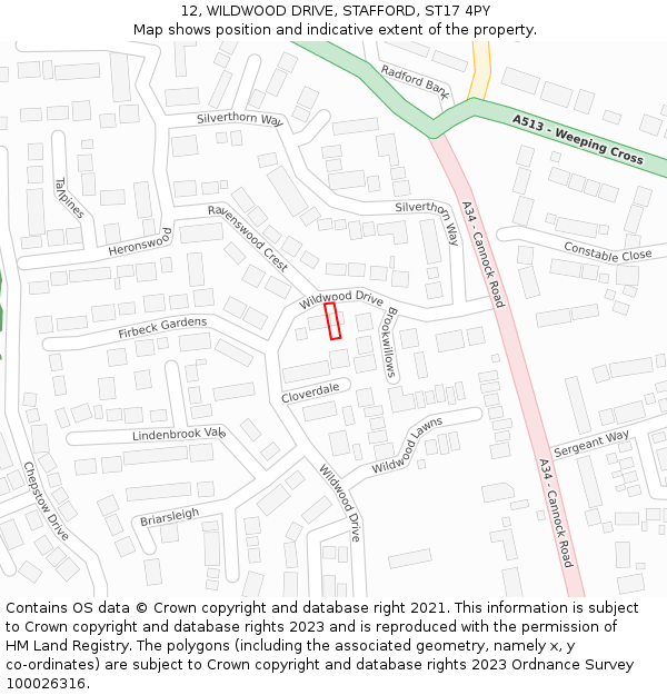 12, WILDWOOD DRIVE, STAFFORD, ST17 4PY: Location map and indicative extent of plot
