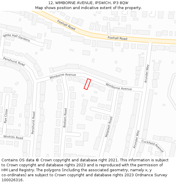 12, WIMBORNE AVENUE, IPSWICH, IP3 8QW: Location map and indicative extent of plot
